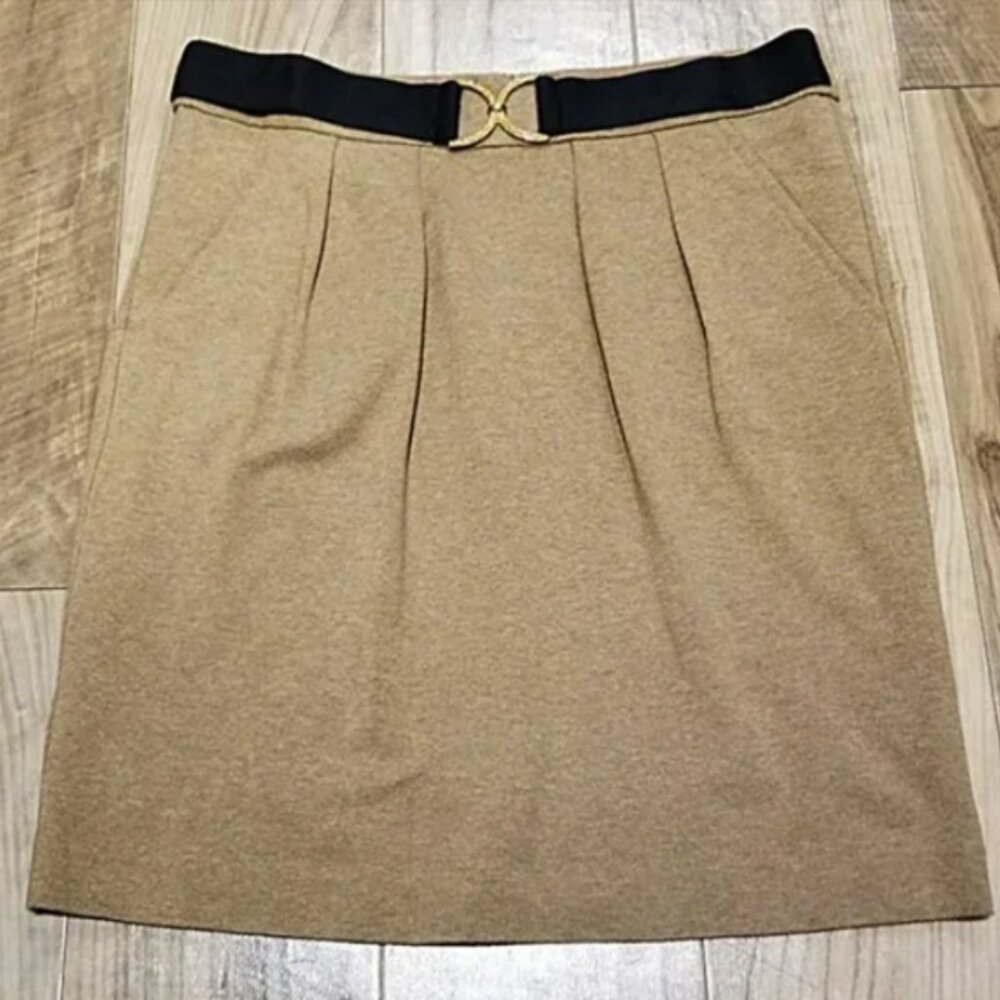 Trina Turk Wheat Tan Knit Belted Skirt Size 6 Gold Buckle Pleated Career Mod